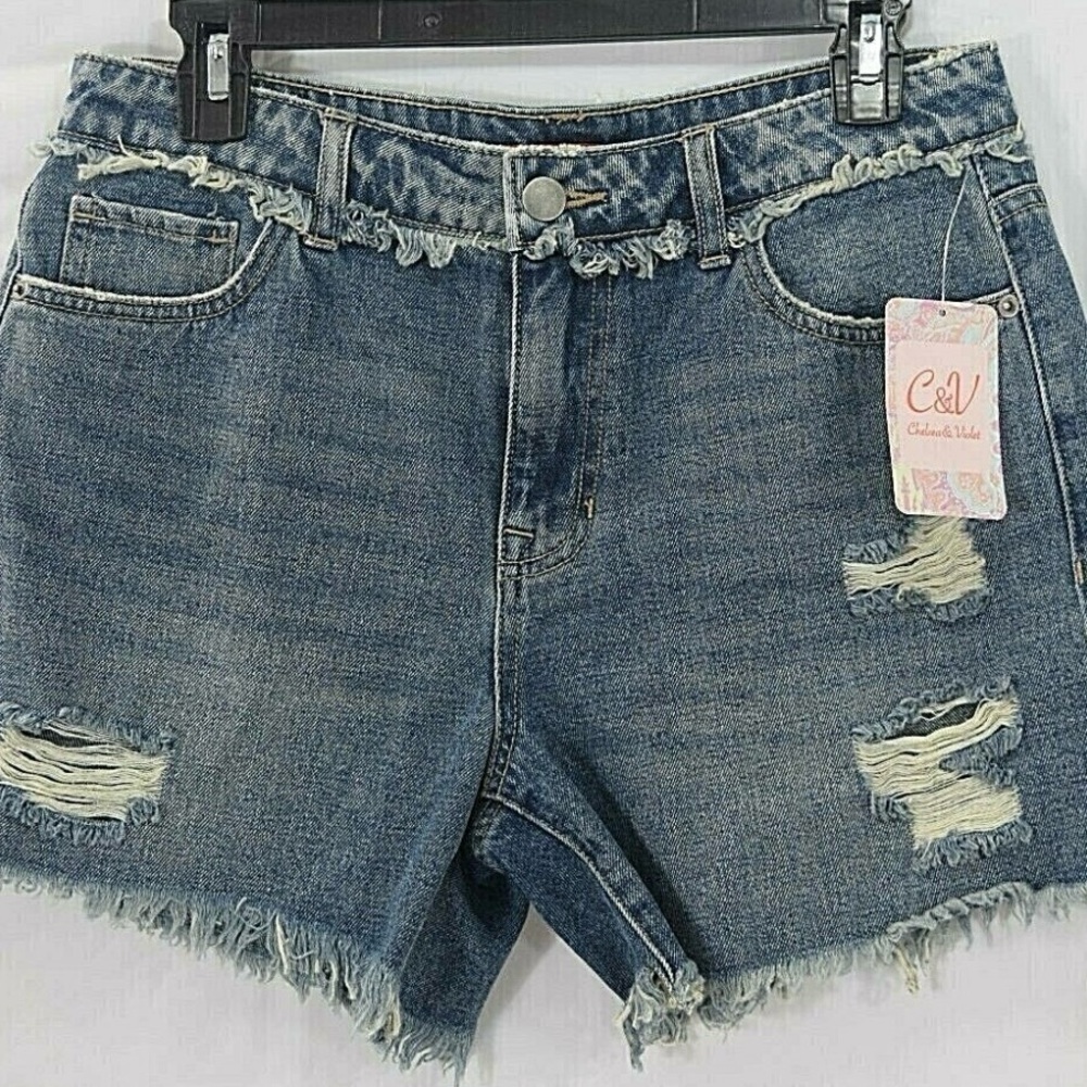 Chelsea & Violet Distressed Jean Shorts - Blue